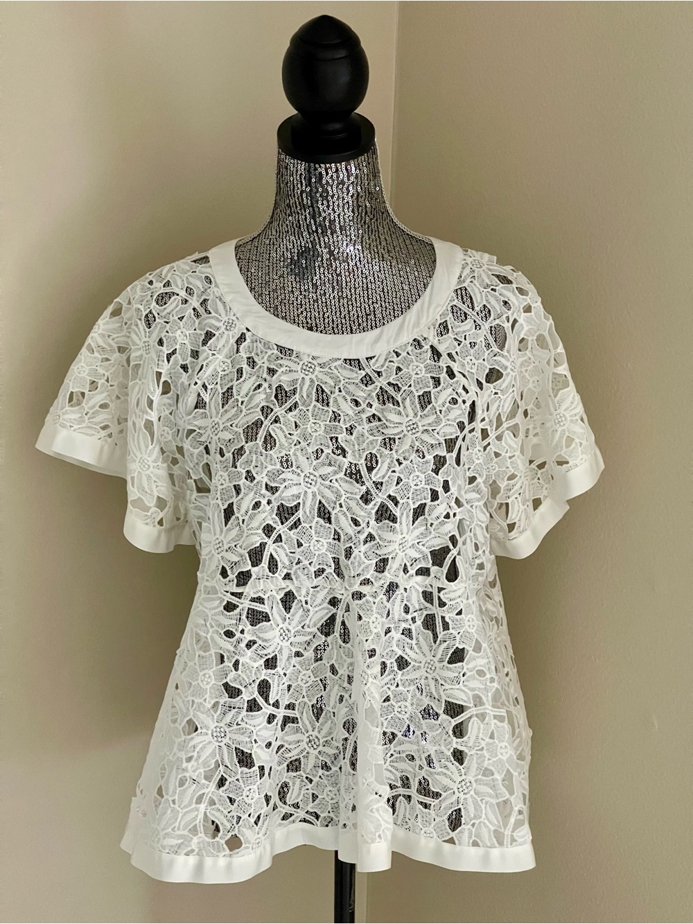 Anthropologie eri+ali White Floral Lace Short Sleeve Top
